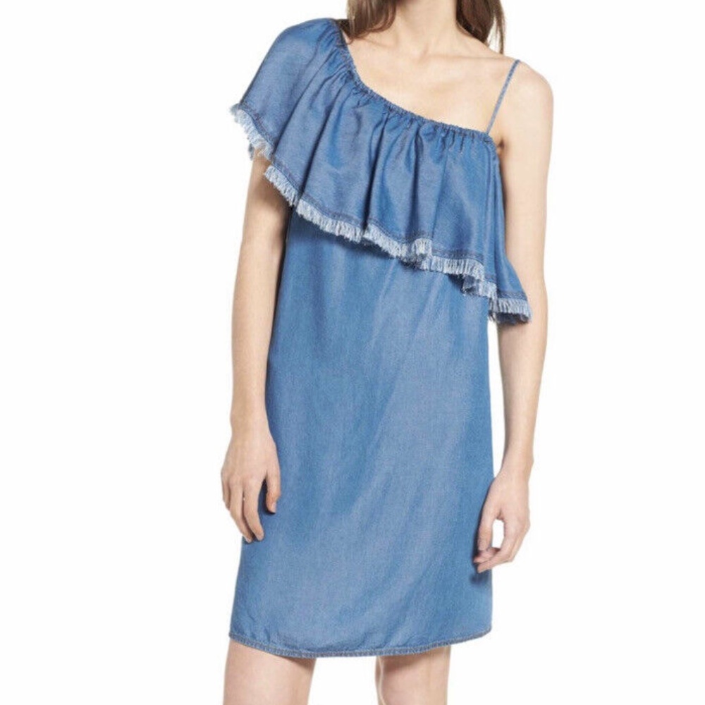 NWT Splendid Chambray Denim One Shoulder Fringe Trim Dress Small